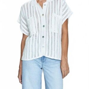 Pistola “Lola” Crochet White Open-Knit Button Front Shirt in Ecru